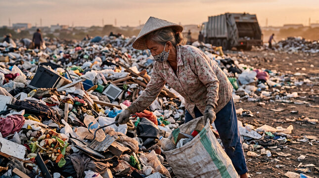 Waste picker landfill garbage trash recycling pollution female mask hat poor
