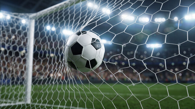 Soccer ball in goal net under stadium lights, sports action in empty arena with blurred crowd and green field