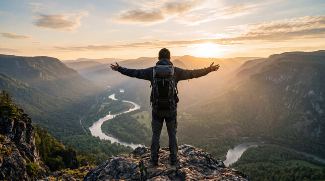 Adventurous asian male traveler standing on rocky cliff at sunrise, arms outstretched above winding river valley and mountain landscape