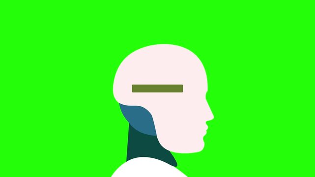 Medical patch is stuck on robot's head. Sad broken robot with warning symbol. Program bug, technical mistake, critical failure, online connection error, server problems. 2d animation. Alpha channel