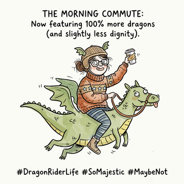 Funny morning commute illustration featuring woman riding green dragon with coffee cup.