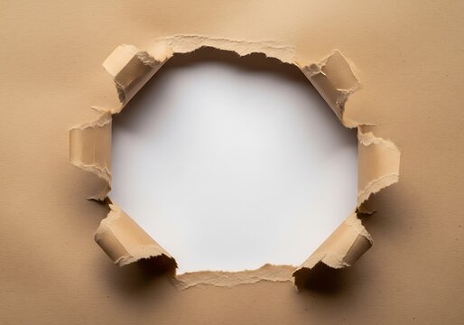 A ripped hole in a brown cardboard box