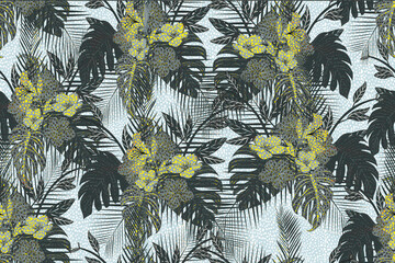 Vibrant Hawaii seamless pattern with tropical hibiscus flowers and palm leaves. Exotic botanical background for Aloha shirts, summer apparel, and vacation-themed designs. © นครินทร์ มุกรินละไมม