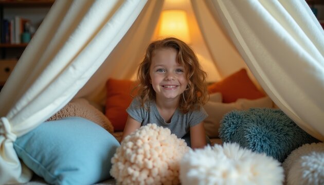 Child plays inside blanket fort. Happy girl hides among pillows and cushions. Cozy indoor playhouse creates fun adventure. Imagination thrives in childs secret den. Indoor activity builds imagination.