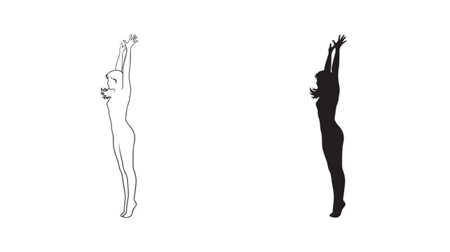 Reaching Silhouette Vector: Minimalist Female Figure with Raised Arms Line Art