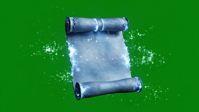 Magical Fantasy Scroll with Glowing Edges Floating Against Green Screen Background Ideal for Visual Effects and Video Overlay