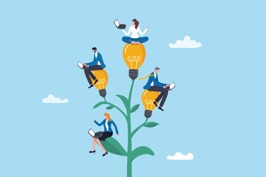 Employee engagement, office growth or brainstorm meeting, teamwork or career development, colleagues collaboration project, business people employees working with computer on growing lightbulb plant.