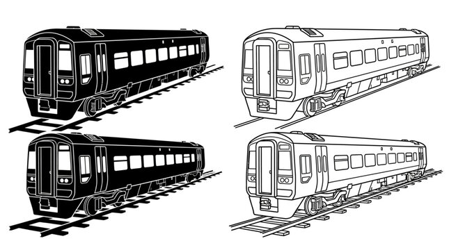 Train Car Line Art With Tracks Four Perspectives