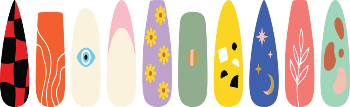 False Press On Nails Vector Icon Set Featuring Colorful Trendy Manicure Art Designs with Checkerboard, Flowers, Celestial Stars, and Geometric Patterns