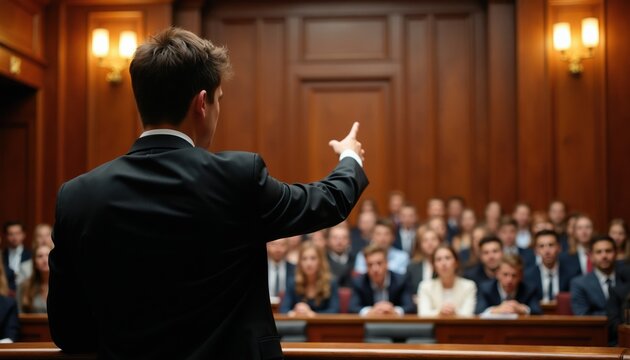 Young man in suit speaks to court audience. Attorney gestures, addresses jury judge from behind podium in traditional courtroom. Legal proceedings happening with seated spectators. Justice, law,