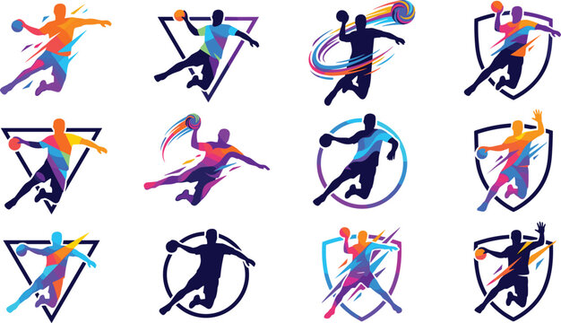 Handball Player Logo Icon Set with Colorful Dynamic Geometric Silhouettes Throwing Ball for Sports Club Team Emblem and Tournament Branding Vectors