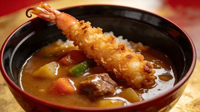 Japanese curry rice with crunchy breaded ebi furai, top-down food photography on wooden table.