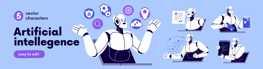 Naklejka na ściany i meble Artificial intelligence, automated chat bot set. AI and machine learning technology concept. Smart virtual robot, chatbot and digital assistant. Flat vector illustration isolated on white background