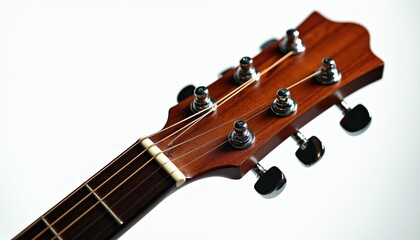 Fototapeta premium Close view of acoustic guitar headstock and neck. Wooden instrument has metal tuning pegs and strings. Musical equipment on white background.