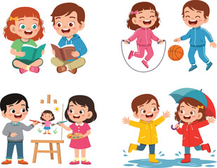 Fototapeta premium Happy School Children Activities Cartoon Characters Set Reading, Playing Sports, Painting, and Splashing in Rain Puddles Vector Illustration