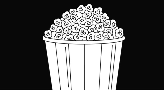 White line drawing of a bucket overflowing with delicious popcorn isolated on a solid black background for movie cinema.