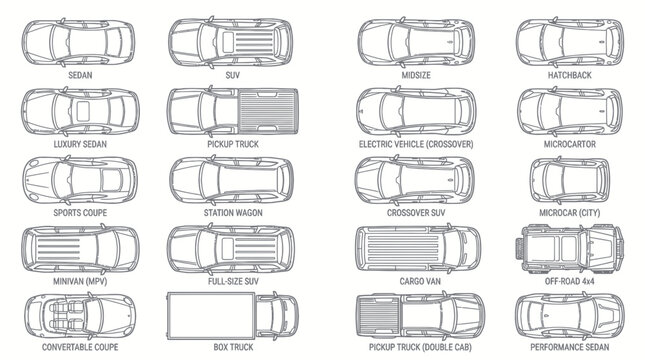 Top View Car Types Collection: Sedan, SUV, Hatchback, Van, Truck, Coupe