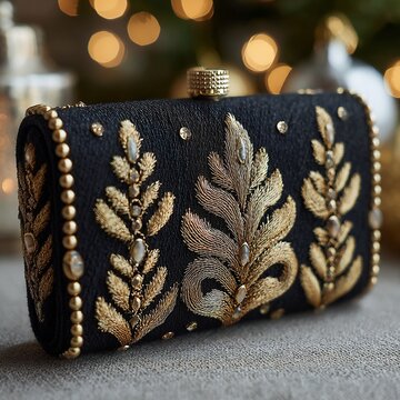 Black Evening Clutch with Gold Embroidery on Table