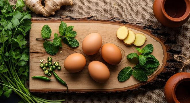 Fresh eggs with herbs and spices on a wooden board. Healthy breakfast cooking concept. Raw organic eggs with sliced ginger and chili peppers