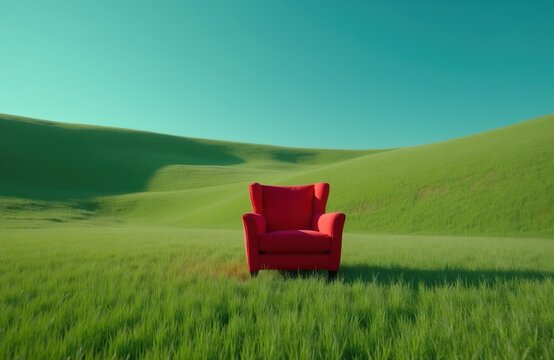 Red armchair sits alone on green grass field. Rolling hills and clear blue sky form backdrop. Surreal empty seat invites contemplation in vast natural space.