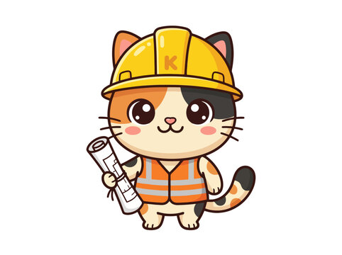 Cute construction cat mascot wearing safety vest and hard hat holding blueprint for building project on white background