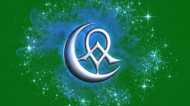 Mystical Silver Crescent Moon and Geometric Symbol Against Green Cosmic Background for Spiritual and Astrology Projects