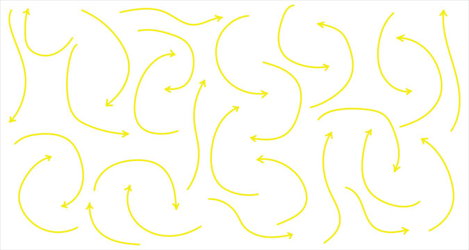 Yellow isolated arrow set. Single doodle arrow set. Isolated curved arrow icon set on white background.  Doodle curved arrow icon set. Modern hand-drawn arrowhead icons. EPS 10. 