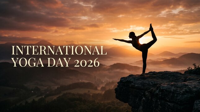 International Yoga Day 2026 Woman in standing back bend silhouette mountain sunrise
