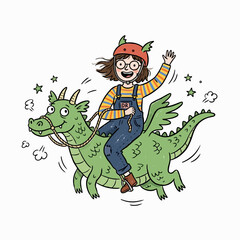 Fototapeta premium Girl waving hand while riding green dragon wearing helmet.