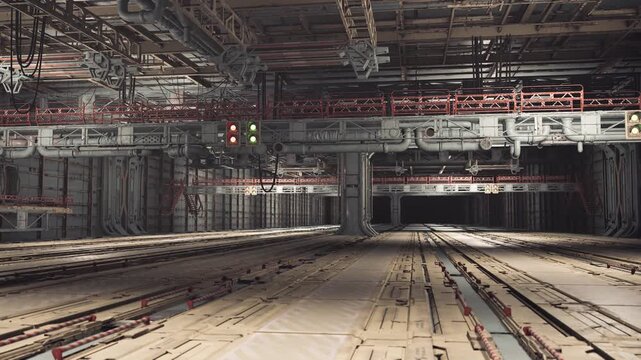 Expansive stage under construction with rigging, overhead trusses, scattered cables, floor track lanes, warm worklights, backstage calm before live event setup
