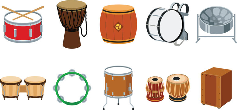 Percussion Musical Instruments Vector Icon Set with Snare Djembe Taiko Bass Drum Steelpan Bongos Tambourine Floor Tom Tabla and Cajon