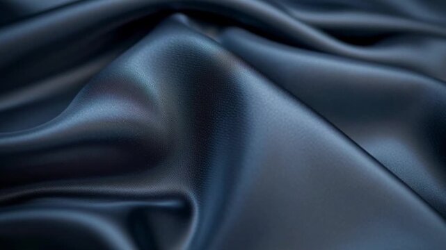 Smooth dark blue silk fabric folds ripple with elegant silky waves, luxury texture, fashion background.