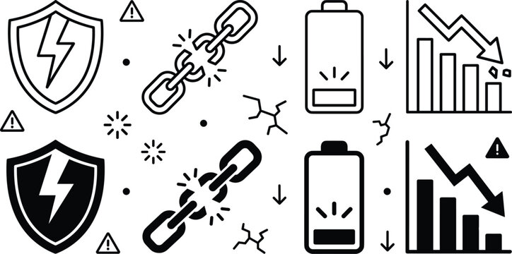 Crisis and risk icon set vector line art minimal style broken chain low battery shield decline chart elements