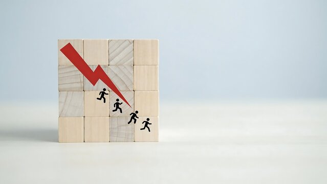 A group of people are running down a declining graph on a wooden block