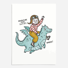 Obraz premium Child flying on a friendly dragon adventure time illustration.