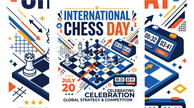 International Chess Day celebration with board pieces and digital timer for global strategy competition