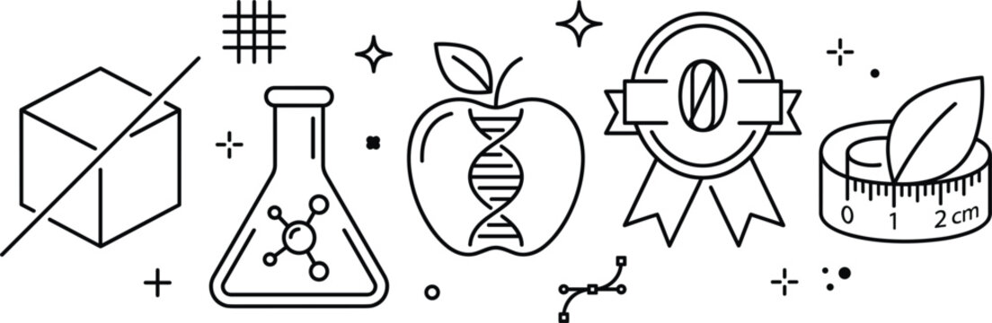 Genetically modified food line art vector illustration set with science research dna apple lab flask and healthy concepts