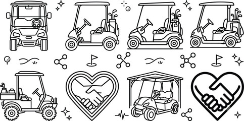 Fototapeta premium Golf cart icon set vector line art minimal style electric buggy transport vehicle sports recreation club elements illustration