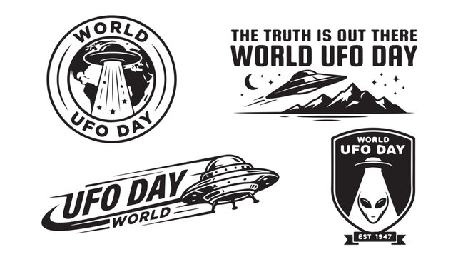 Vintage World UFO Day badge set, retro alien spaceship vector illustrations, black and white flying saucer emblems for t-shirt design and posters