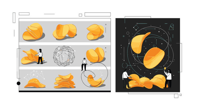 Informative graphic showing the stages of potato chip production and quality control with tiny human figures and snacks.