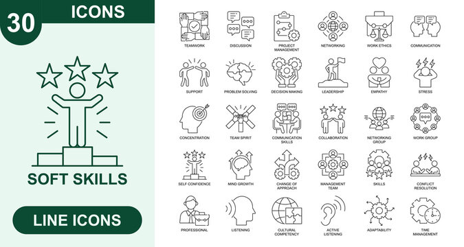 Soft Skills, Outline Vector Icons. Editable Stroke Icons Set. teamwork, discussion, project management, networking, work ethics, communication, support, problem solving, decision, leadership and more.