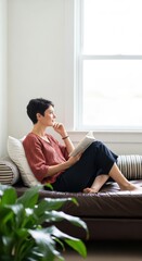 Obraz premium Thoughtful Woman Relaxing on Leather Sofa and Reading a Book by the Window in a Bright Living Room