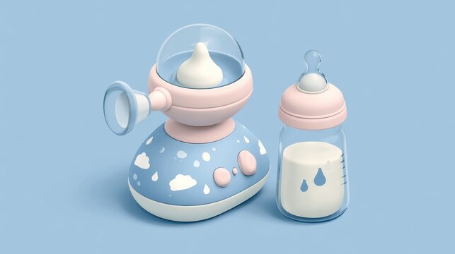 A pastel-colored breast pump and baby bottle filled with milk on a soft blue background.