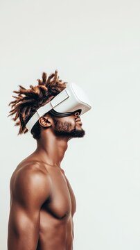 Man wearing virtual reality headset looks upwards experiencing digital world