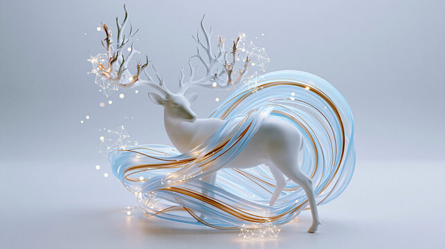 Majestic white deer sculpture wrapped in flowing blue and gold ribbons with digital net