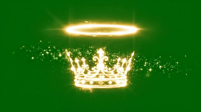 Sparkling Golden Crown With Halo Effect Against Vibrant Green Background For Royalty, Celebration, And Creative Design