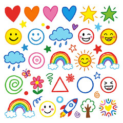 Fototapeta premium Colorful kids hand drawn doodle elements set with happy smile face rainbow sun clouds and stars for cheerful design decoration
