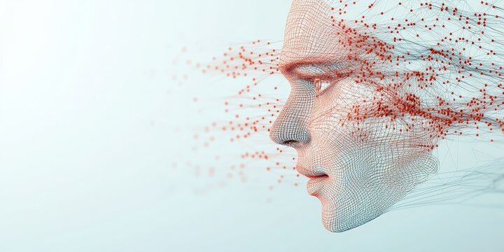 Digital face dissolving into particles, representing metaverse consciousness and abstract data flow.