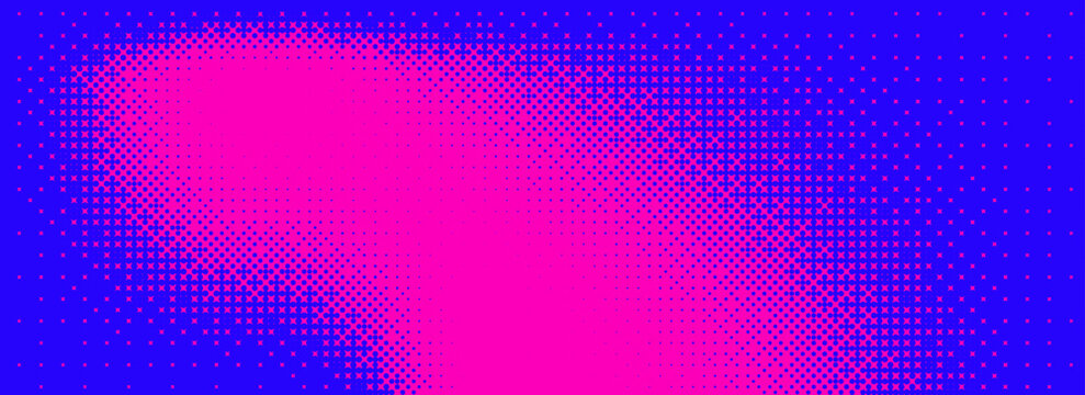 Blue pink bitmap pixel texture. Dotted dither gradient pattern background. 8 bit halftone faded pop art gradation wallpaper. Vector Flat Ilustration