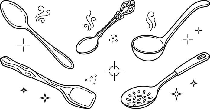 Kitchen spoon utensil line art vector illustration set with vintage soup ladle wooden slotted skimmer and cooking elements